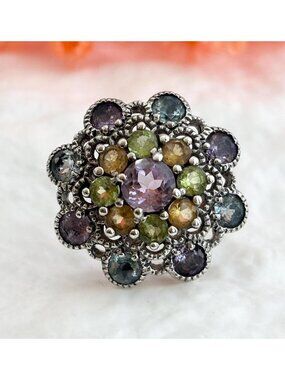 Cluster Rainbow Gemstone Blooming Flower Sterling Silver 925 Vintage Ring - sz 6